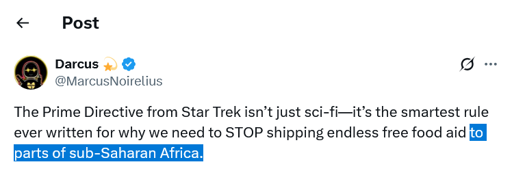 JonMur5's tweet photo. @MarcusNoirelius Sub-Saharan Africans are humans.

Not aliens.

Misusing "Star Trek" as a cudgel to air your prejudice only reveals your ignorance.

#IDIC
#LLAP
#startrek https://t.co/Z4iVAWfaWs