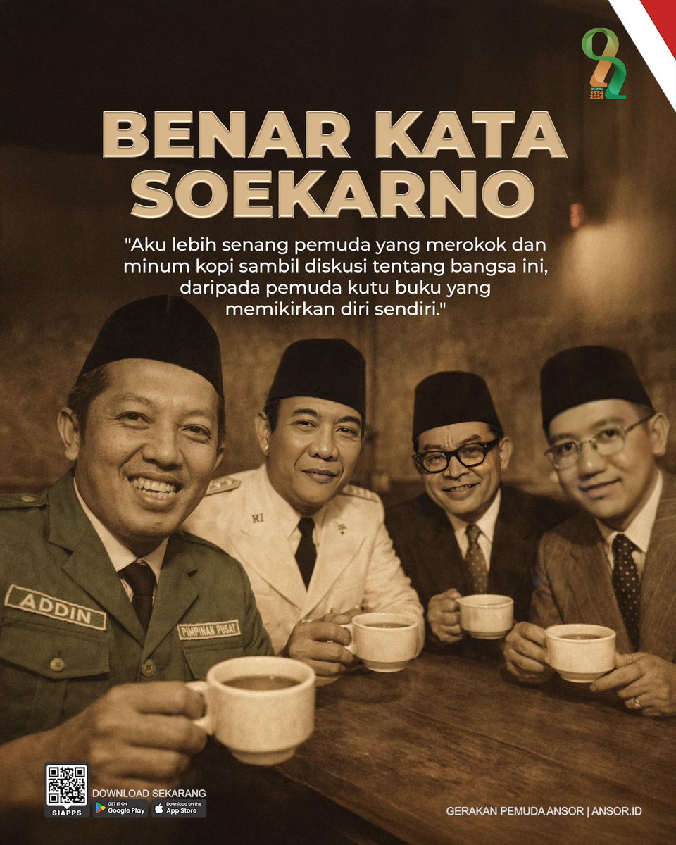Official_Ansor's tweet photo. Di meja kopi tak sekadar ruang jeda, tapi di tempat ini kita bisa merumuskan berbagai pijakan (organisasi) untuk melompat lebih tinggi. Setidaknya, itu yang pernah dialami Ansor dalam sejarah panjang organisasi kepemudaan ini berdiri. 

Reuni, ngopi, Ansor “Reborn��!! https://t.co/Jr4bKQAVYH