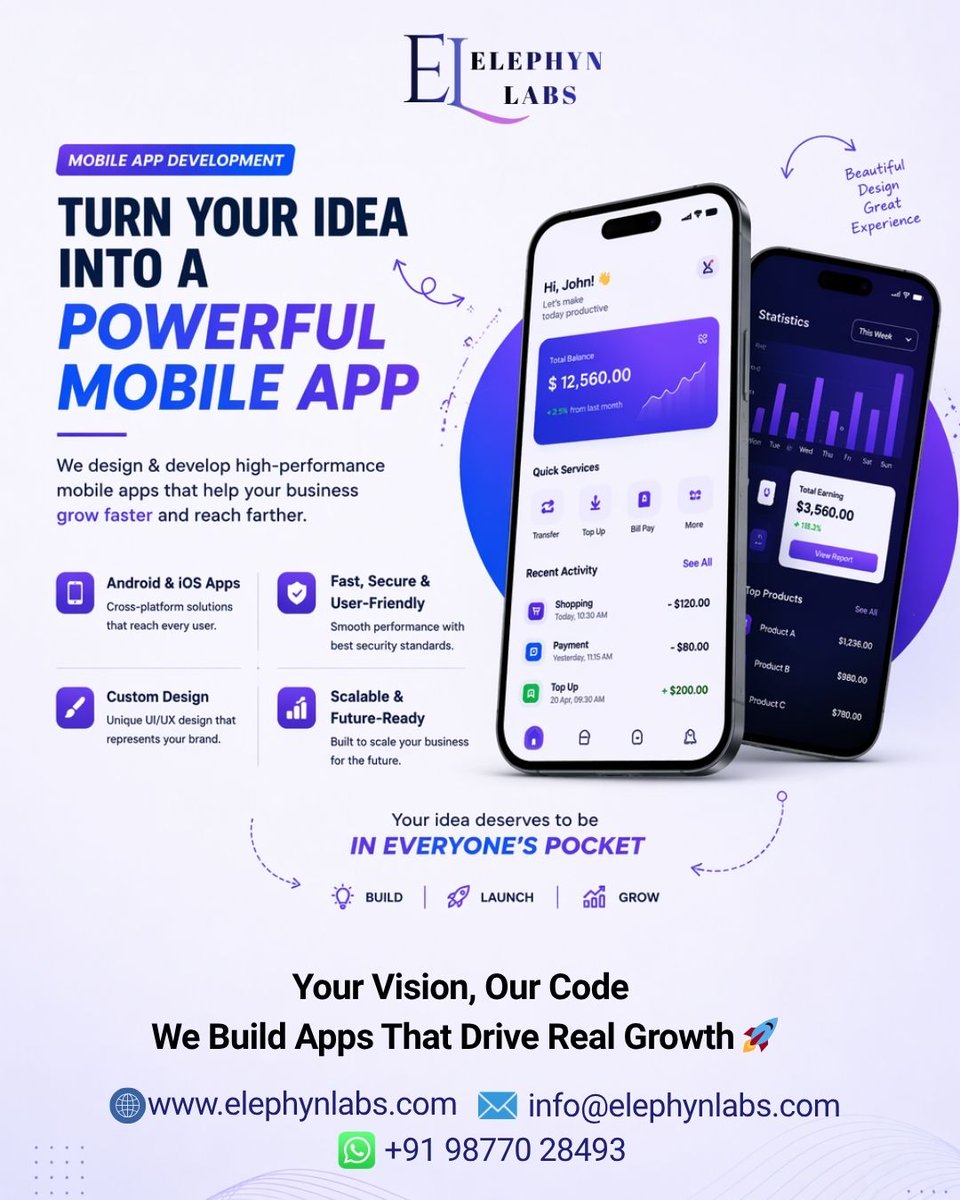elephynlabs's tweet image. 📱 Your Vision, Our Code — We Build Apps That Drive Real Growth 🚀

#MobileAppDevelopment #AppDevelopment #AndroidApp #iOSApp #CustomApps #AppDesign #UIUXDesign #MobileSolutions #TechSolutions #DigitalSolutions #BusinessGrowth #BuildApps #LaunchApps #DigitalAgency #ElephynLabs