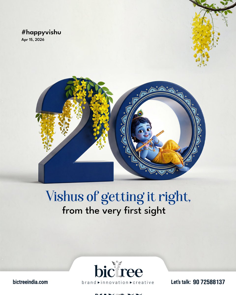bictreeindia's tweet photo. 20 Vishus of getting it right, from the very first sight 🌼

Two decades of building brands, stories, and trust—rooted in tradition and driven by vision.
This Vishu, we celebrate beginnings that last a lifetime. 🌸
#HappyVishu #20YearsOfExcellence #Vishu2026 #BrandBuilding https://t.co/3fhmJ48tdx