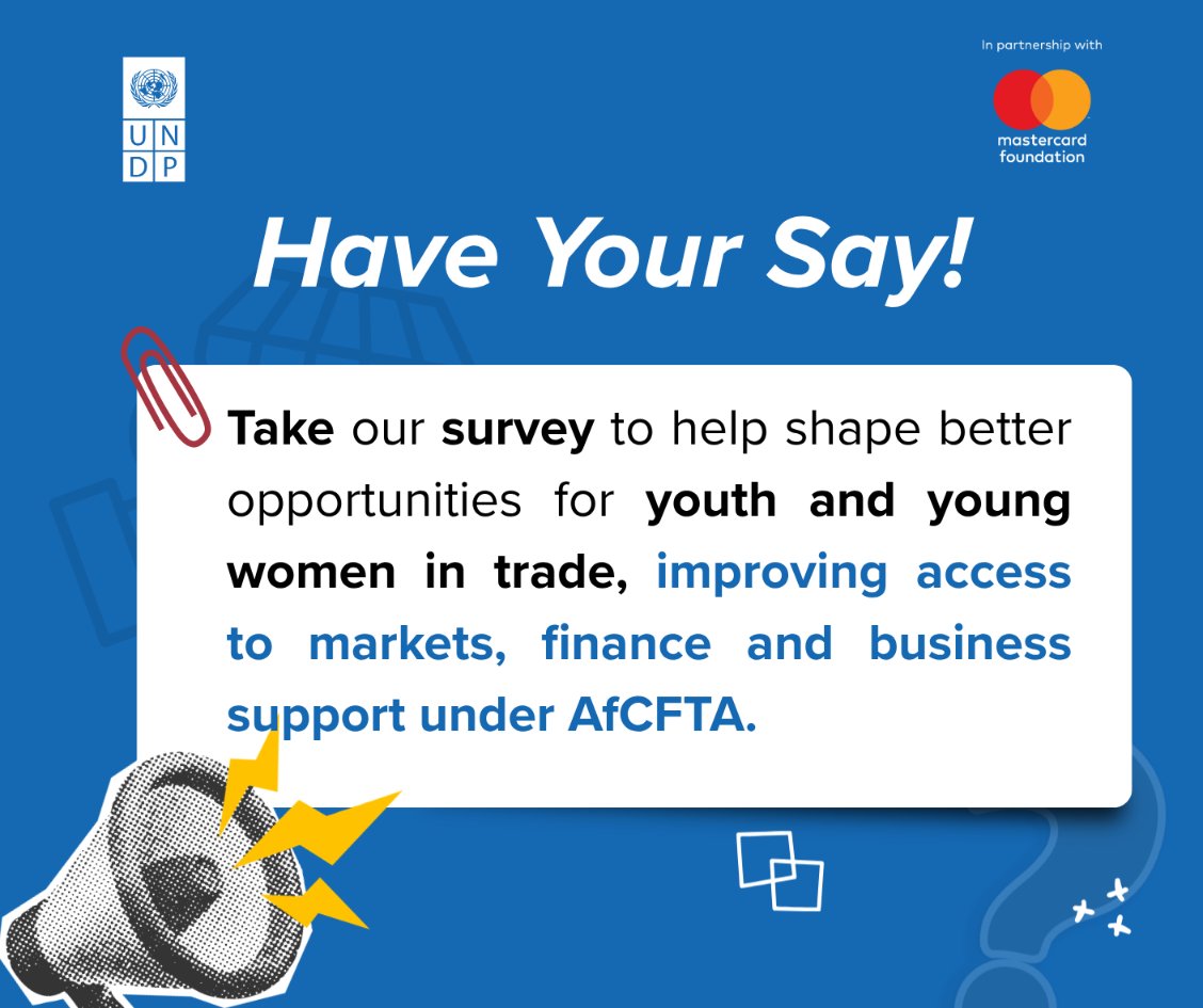 UNDPSouthAfrica's tweet image. Have your say!

What’s holding young entrepreneurs back from accessing markets &amp;amp; trade opportunities?

If you’re a young entrepreneur or MSME, share your experience on markets, finance &amp;amp; support.

Your input will shape support under #AfCFTA.

Survey: ee.kobotoolbox.org/x/Q7iqWAkk