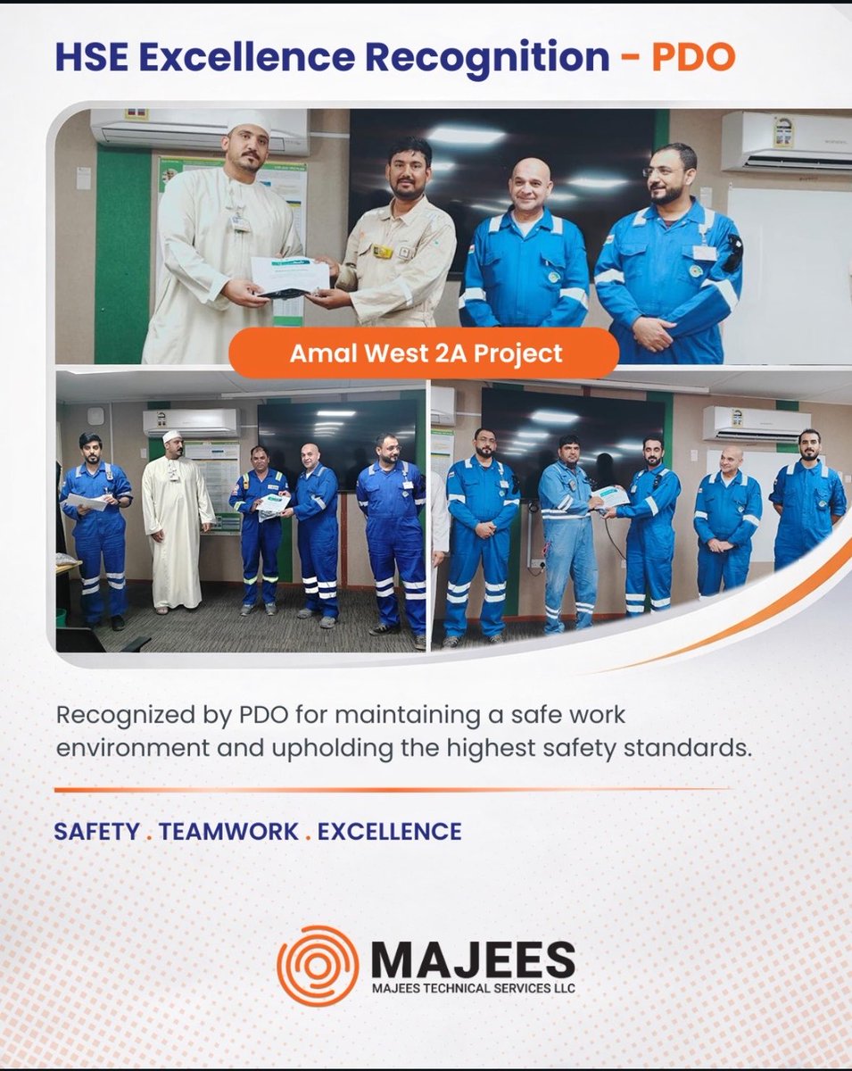 majeestech's tweet photo. Proud to recognize our HSE Advisor for outstanding efforts in maintaining high HSE standards during PDO SAE movement activities at Amal West 2A 👏

Through proactive monitoring, effective risk management, and strict compliance, the team ensured safe, incident-free execution. https://t.co/3NW9BpFuOr