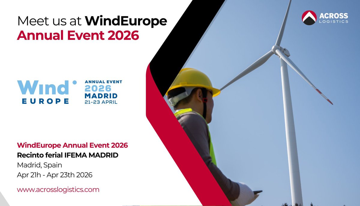 AcrossLogistics's tweet photo. Across Logistics at WindEurope Annual Event 2026! 🌬️⚡

📅 Dates: April 21st – April 23rd, 2026
📍 Location: Recinto Ferial IFEMA MADRID, Spain
🔗 https://t.co/EJJ0tgxdDU

#AcrossLogistics #WindEurope2026 #WindEnergy #RenewableLogistics #ProjectCargo https://t.co/iSafuEtQF8