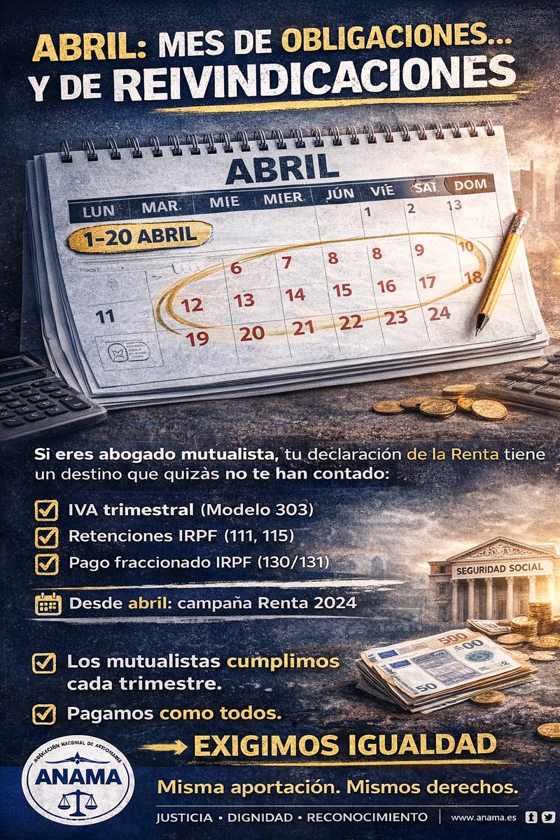 “Cada trimestre”

📅 Llega otro trimestre fiscal.

Pagamos IVA.
Pagamos IRPF.
Pagamos como todos.

❌ Pero seguimos sin las mismas pensiones.
#PasarelaAlRetaYa
#Justicia056 
#ANAMA
