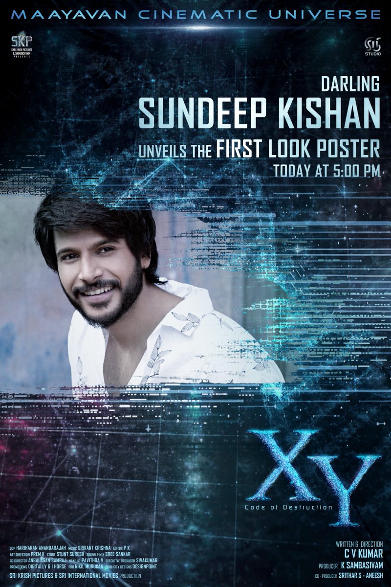 SSMusicTweet's tweet photo. Darling #SundeepKishan 💥
Musical sensation #GVPrakash 🎶
Acclaimed filmmaker #KarthikSubbaraj 🎬

to Unveil the FIRST LOOK of #XY – #MaayavanCinematicUniverse today at 5:00 PM ⚡

🧬 A film by @icvkumar
🧬 Produced by @SKPOffl

@varshinivenkat_ @praga_1330 @RathikaRavinder @actorprajin1 @actressbrana @sheimour @actressbrana @BhuvanaSganesan @HAnandaraj @ponkathiresh @Seramanisrithar @ActorSrithar @ponkathiresh @omfilmssiva  @Pavithra03V @arrglobe @designpoint001 @onlynikil @digitallynow