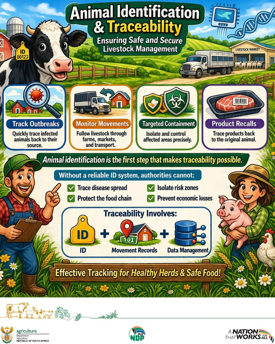 DOAgov_ZA's tweet photo. #FMDAwareness | 🚨 Did you know?
Without proper animal identification, it becomes nearly impossible to:
✔️ Trace disease outbreaks;
✔️ Isolate affected areas;
✔️ Protect livestock and the food supply; and
✔️ Prevent financial losses.
🔎 Traceability = ID + Movement Records + Data Management.
📍 Protect your herd. Protect your livelihood:
🐄 Tag animals properly;
🐄 Keep accurate movement records; and
🐄 Report suspicious symptoms immediately.
⚠️ Stay vigilant. Act early. Stop the spread of #FMD.
#StopFMD #VaccinateAgainstFMD #GovZAUpdates @GCISMedia #BiosecurityMatters #animaltraceability @GovernmentZA #ANationThatWorksForAll