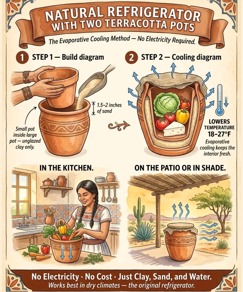 Two terracotta pots, some sand, and water. No electricity, no mechanical parts, no cost after the initial purchase. This is evaporative cooling — the same physics that makes you feel cold when you step out of a pool — applied to food storage. It works best in low-humidity