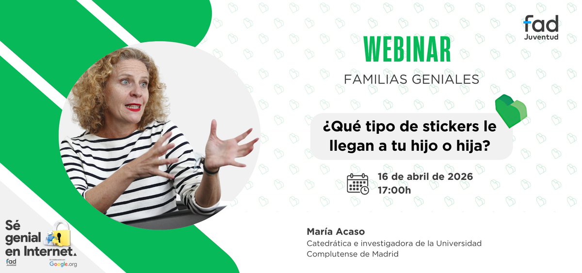 InformajovenMur's tweet image. 💻Webinar FAMILIAS GENIALES ¿Qué tipo de #stickers le llegan a tu hijo o hija?
¿Conoces las #imágenes que reciben tus hijos/as a través de sus 📱❔¿Y si incorporan mensajes sexistas, humillantes o violentos disfrazados de humor❔
🛜16/4/2026 17:00h
informajoven.org/convocatorias/…