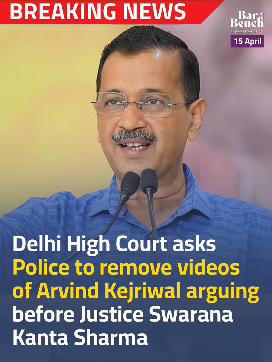 barandbench's tweet image. #BreakingNews
Delhi High Court asks Police to remove videos of Arvind Kejriwal arguing before Justice Swarana Kanta Sharma

Read here: barandbench.com/news/delhi-hig…