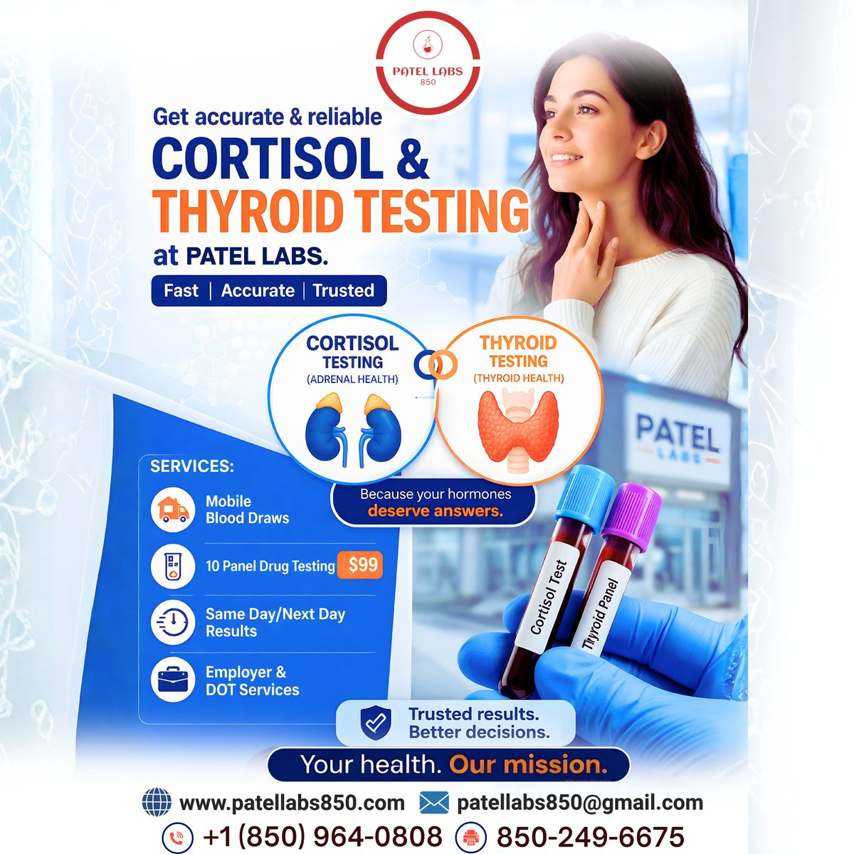 PatelLabs850's tweet image. 🌐 patellabs850.com
📱 +1 850-964-0808
📧 patellabs850@gmail.com

Feeling off balance? Your hormones might be telling you something.

At Patel Labs, we offer Cortisol &amp;amp; Thyroid Testing to help you stay informed about your health.

#PatelLabs #HealthTesting #LabServices
