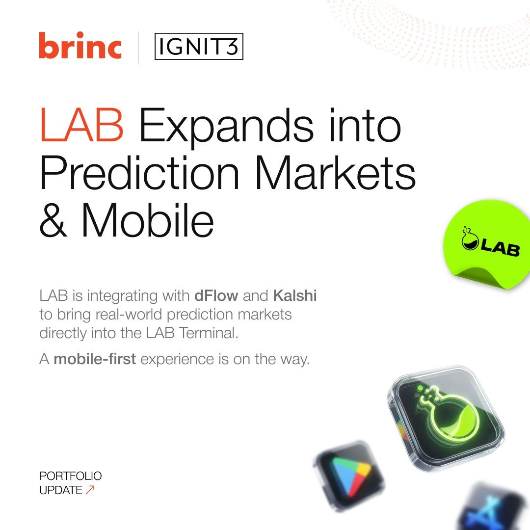 brincvc's tweet photo. LAB is accelerating product momentum ! 

Prediction markets + mobile trading, all in one stack

• Integrating with @dflow  + @Kalshi 
• Trade real-world probabilities directly in LAB
• One terminal: spot, perps, and prediction markets

And next: @LABtrade_  Mobile App enabling full trading + analytics, anywhere

Brinc is proud to back the next generation of trading infrastructure !

#invest #lab #brinc #momentum #community
