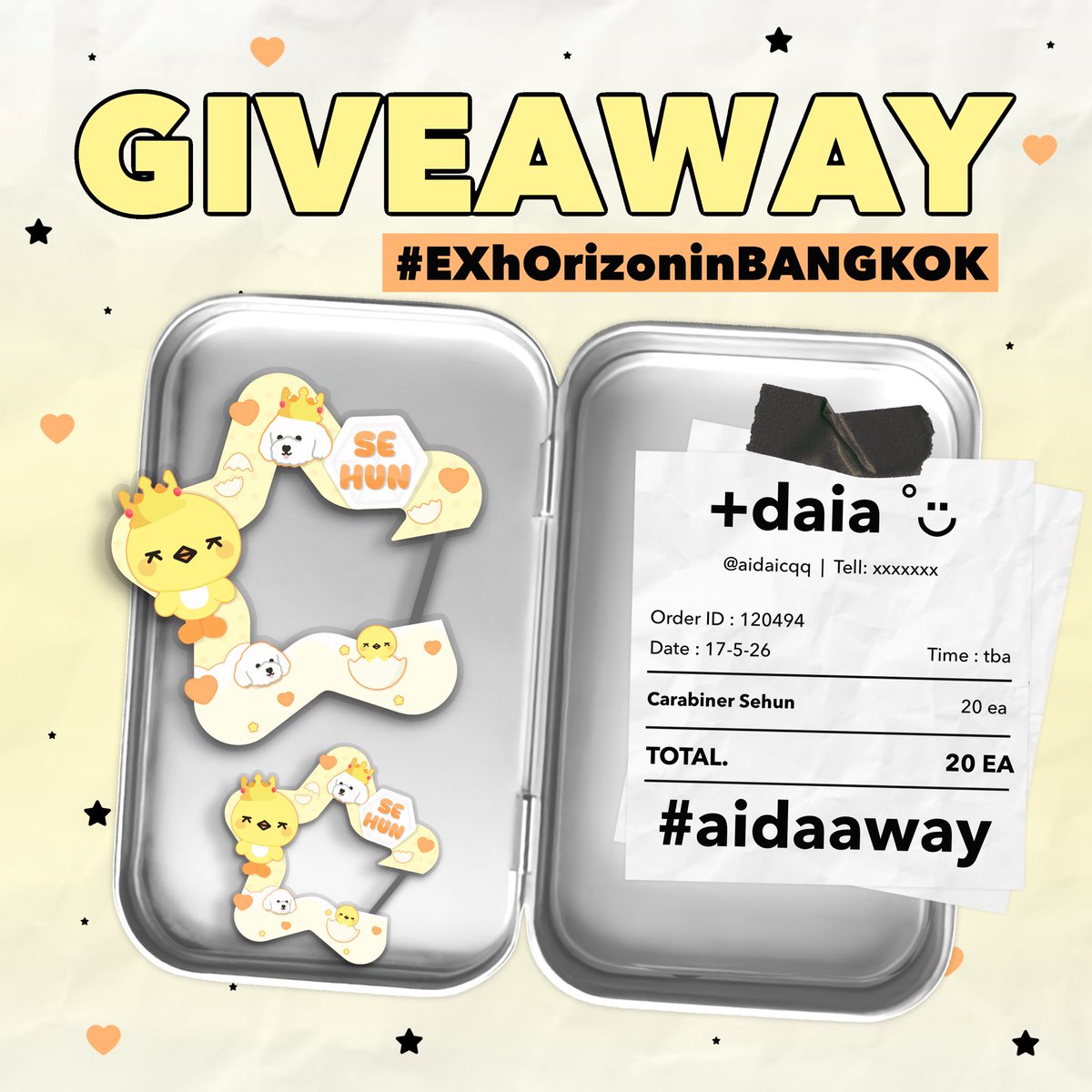 ᯓ  ✩ GIVEAWAY ‧₊˚

🐣 Carabiner        20 ea.
🐣 Impact Arena
 🗓️ : 17/05 

#EXhOrizon_in_BANGKOK 
#Exo #aidaaway