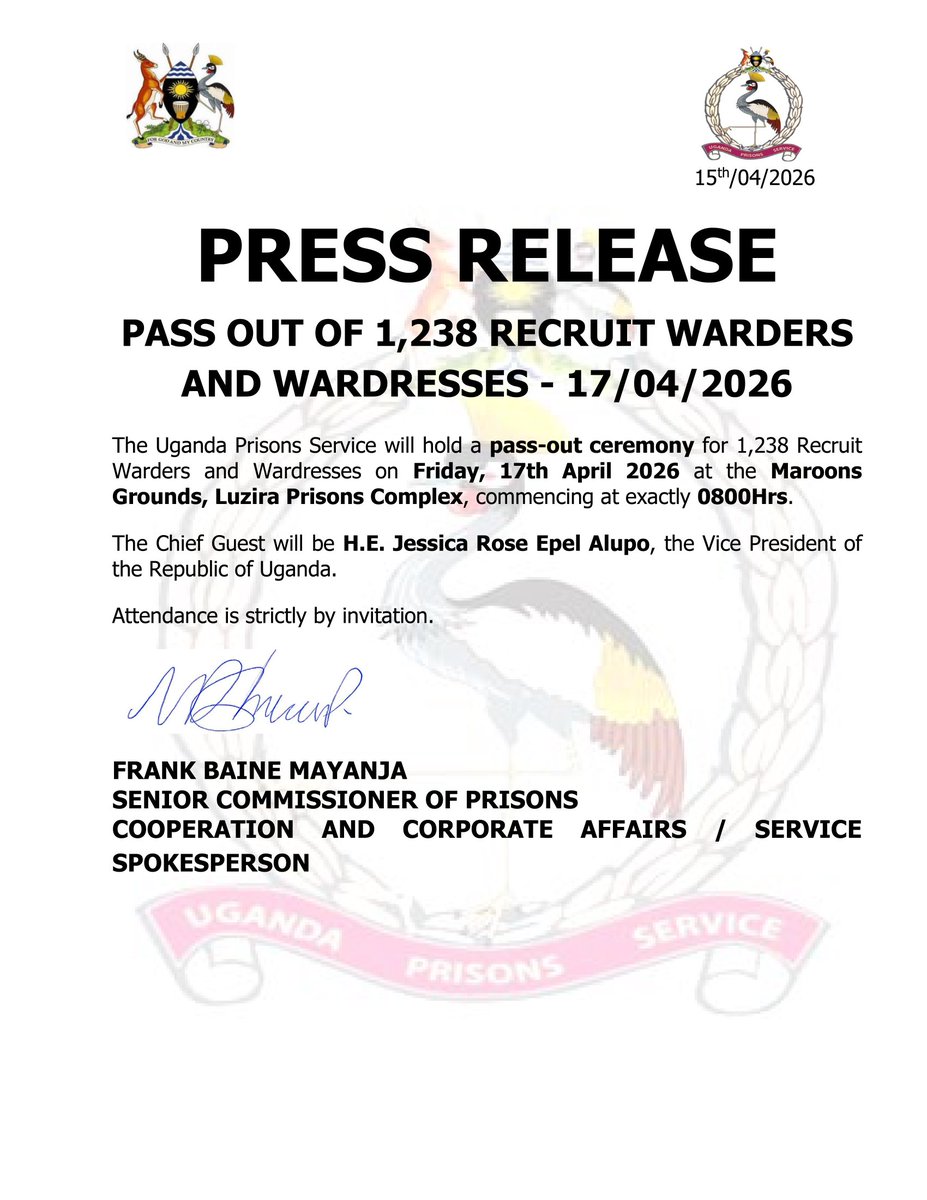 UgandaPrisons's tweet photo. OFFICIAL

PRESS RELEASE

PASS OUT OF 1,238 RECRUIT WARDERS AND WARDRESSES - 17/04/2026 https://t.co/pKqzz4UMmw