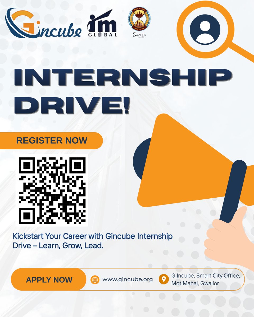 Kickstart your career with the Gincube Internship Drive! - Learn. Grow. Lead.
📲 Apply now via QR code

#Internship #CareerGrowth #Gincube #Students #Opportunities #ApplyNow #smartcitygwalior #incubationmasters #imglobal
