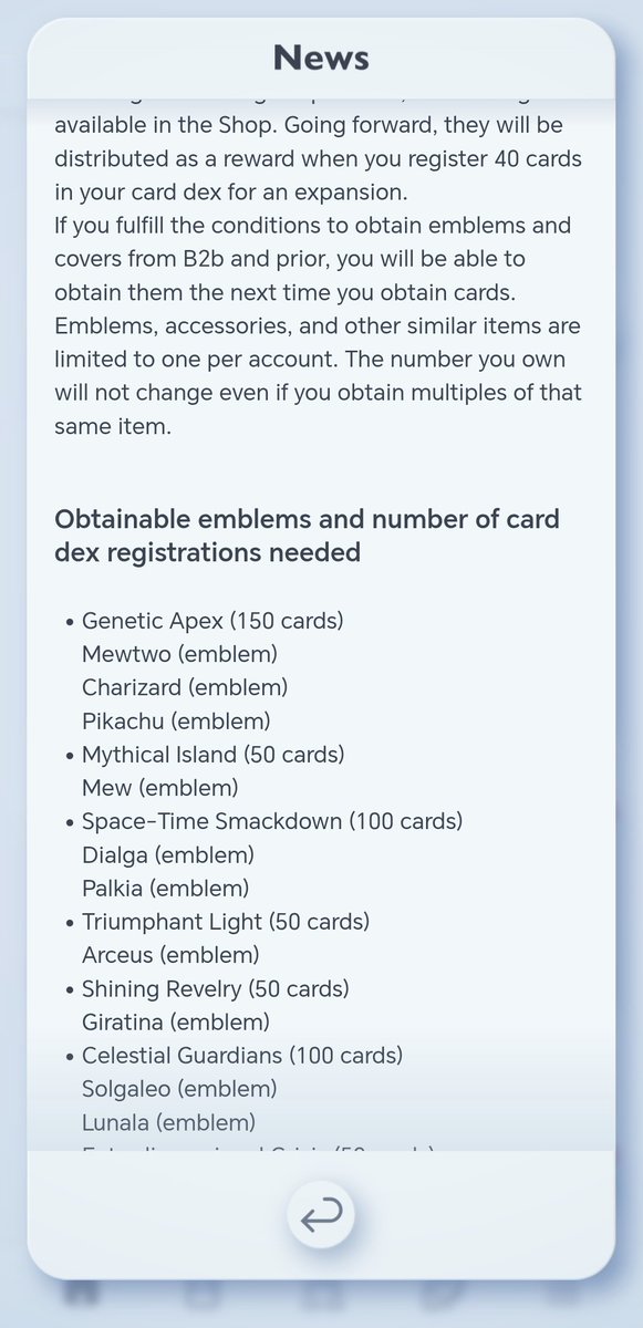 UniteVids's tweet image. 🌟 Pokémon TCG Pocket 🌟

 - Discontinuing Dex Missions and Emblem Tickets-

From B3 onward, when registering cards in your card dex, you'll obtain rewards, and new animations will appear instead of claiming them 1 by 1

You'll receive the items when you register 40 cards in your