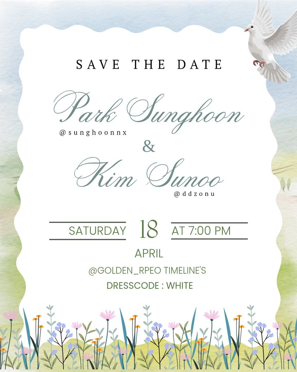 ㅤㅤㅤ──❝ 𝐒𝐀𝐕𝐄 𝐓𝐇𝐄 𝐃𝐀𝐓𝐄 ❞──

ㅤㅤ💍:  <a href="/sunghoonnx/">𝑺𝒖𝒏𝒈𝒉𝒐𝒐𝒏</a> &amp; <a href="/ddzonu/">Sunoo, dè Kim</a>
ㅤㅤ🗓: 18 April 2026
ㅤㅤ🕖: 19.00
ㅤㅤ📍: <a href="/GOLDEN_RPEO/">GOLDEN EO OPEN BOOK FOR APRIL</a>
ㅤㅤ👗: White
ㅤㅤ#️⃣:  #SUNSUNSAH