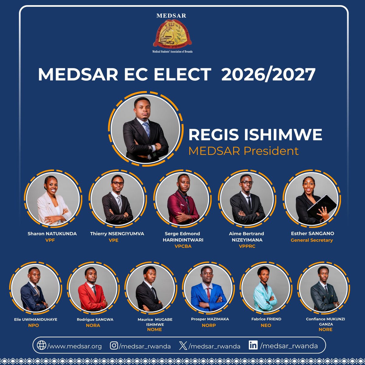 urphsa's tweet photo. The University of Rwanda Public Health Students Association (URPHSA) congratulates the newly elected @medsar_rwanda Rwanda Executive Committee for the 2026/2027 mandate.
Wishing President Regis Ishimwe and the entire team a successful and impactful term.
#URPHSA #MEDSAR https://t.co/8KhY5jdTIf