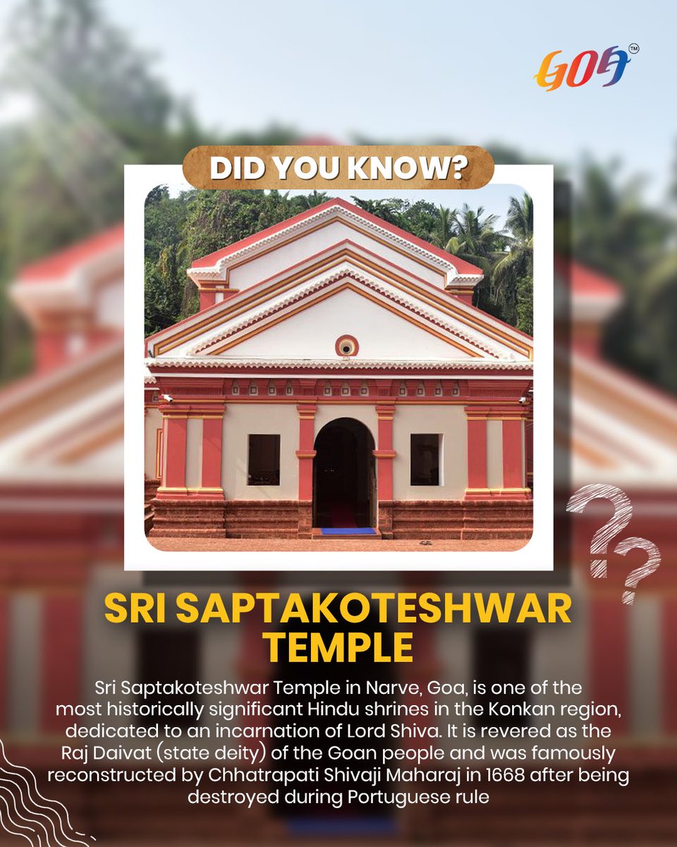 TourismGoa's tweet image. Did you know Goa is home to one of the most revered temples in the Konkan? 🙏
Sri Saptakoteshwar Temple stands as a symbol of faith, history, and resilience—once rebuilt by Chhatrapati Shivaji Maharaj himself.
.
.
.
#DidYouKnow #GoaTemples #Saptakoteshwar #GoaDiaries