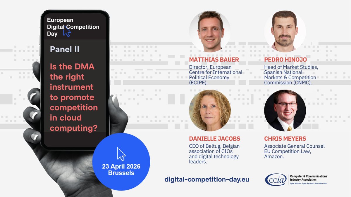 CCIAeurope's tweet image. ☁️ 'Is the #DMA the right instrument to promote competition in #cloud computing?' 

At #DigitalCompetitionDay, our panel will unpack whether the #DigitalMarketsAct is an effective instrument for addressing the cloud market. 

🔎 Explore the full agenda: 
digital-competition-day.eu/#panel_26_ii