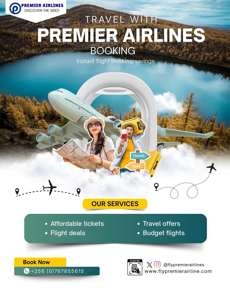 Arsenal2CL's tweet image. Take off to your next destination with comfort, savings, and style ✈️🌍
With Premier Airlines, every journey feels like a dream.
💸 Budget-friendly flights
🔥 Hot travel deals
🌎 Endless destinations
Don’t just plan it  fly it.
📞 +256 767 855615
#BookNow #TravelDeals #FlyPremier