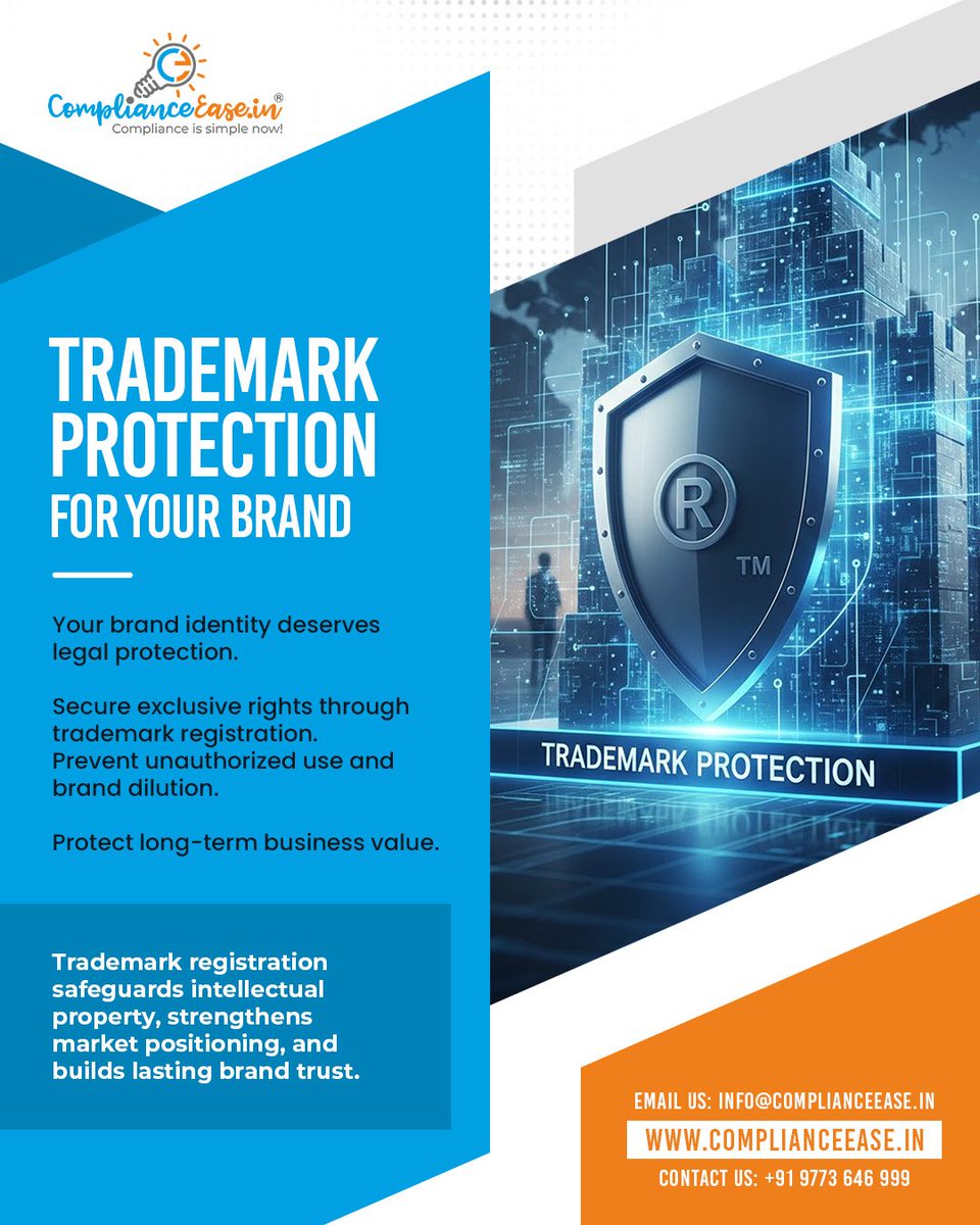 ComplianceeaseI's tweet image. Trademark Protection for Your Brand
Your brand identity deserves legal protection.
Secure exclusive rights through trademark registration.

#TrademarkRegistration #BrandProtection #IntellectualProperty #ComplianceEaseIN #LegalSecurity #BusinessBrand #startupguruom