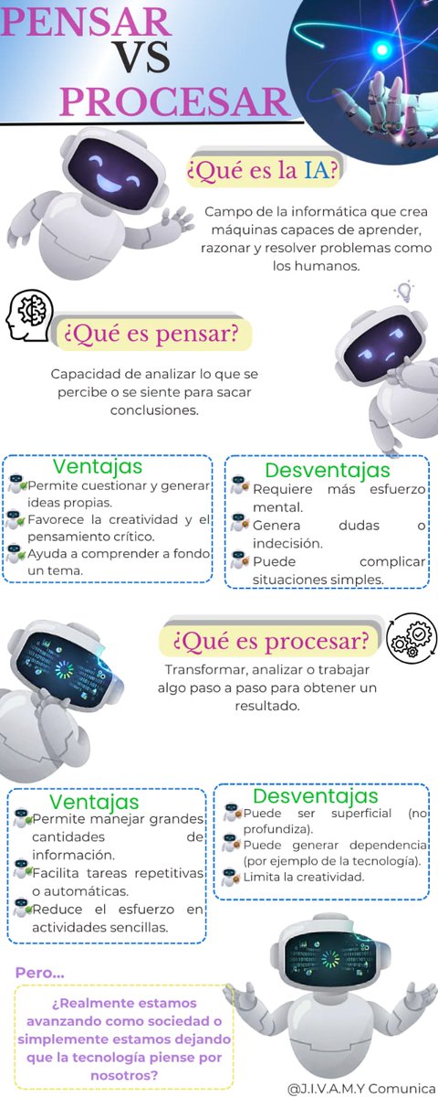 JIVAMYcomunica's tweet photo. Que tal mi querida audiencia, este post nos enseña el significado de procesar vs analizar ☝🏻🧐hoy en día , ¿será que se lo estamos dejando todo a la inteligencia artificial?
#IA #pensar #procesar #Comunicación https://t.co/Qg1kPm6ybg