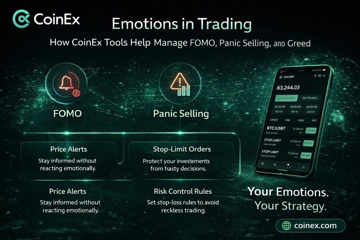 mark_greaat's tweet image. FOMO. Panic selling. Greed.
Emotions move markets but they don’t have to control you.

@coinexcom equips traders with price alerts, stop-limit orders, and risk controls to stay disciplined and data-driven.
Master your mindset. Master the market. 📊
#CoinEx #CoinExCreator