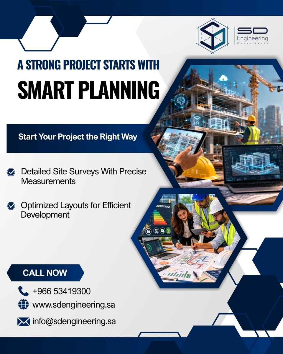 SD__Engineering's tweet image. A strong project starts with smart planning!
At SD Engineering Consultants, we provide detailed site surveys with precise measurements and optimized layouts for efficient development.

🌐 sdengineering.sa
#EngineeringConsultants #SmartPlanning #ConstructionSolutions
