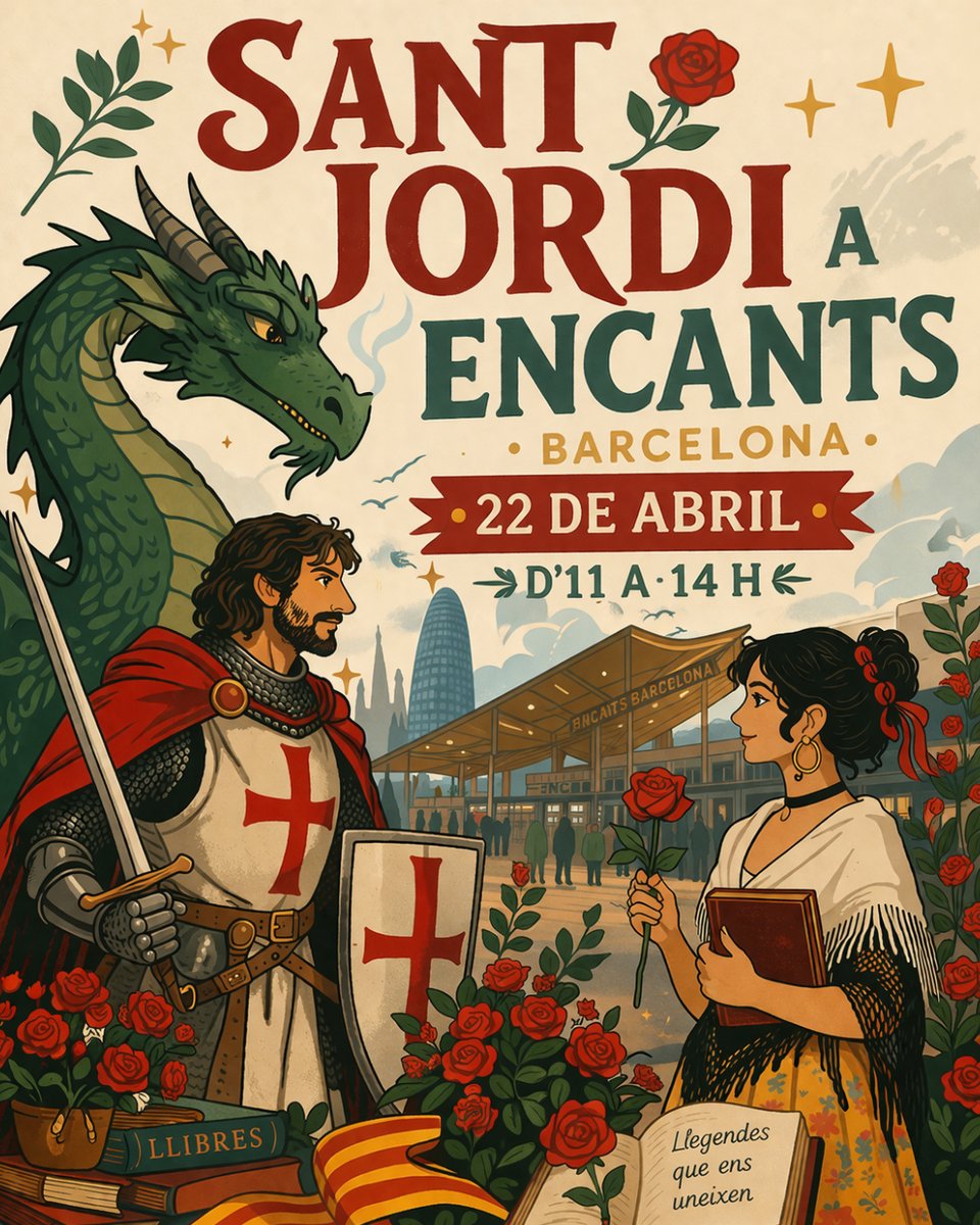 EncantsBCN's tweet photo. 😍Viu Sant Jordi als Encants Barcelona! 

Hem preparat un photocall amb la presència d’un ⚔️Sant Jordi i una paradeta de 📚llibres solidaris. 

🗓️Dimecres, 22 d’abril d’11 a 14:00 h.

@mercatsbcn https://t.co/wyT621ptGG