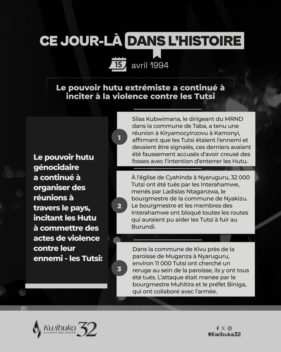 UYU MUNSI MU MATEKA

Ku ya 15 Mata 1994, Abatutsi bagera ku 32.000 bari bahungiye kuri Kiliziya ya Cyahinda, i Nyaruguru barishwe. Kugira ngo babahakusanyirize, Burugumesitiri Ntaganzwa wa Komini Nyakizu, n’izindi nterahamwe babanje gufunga amayira ababuza guhungira i Burundi.
