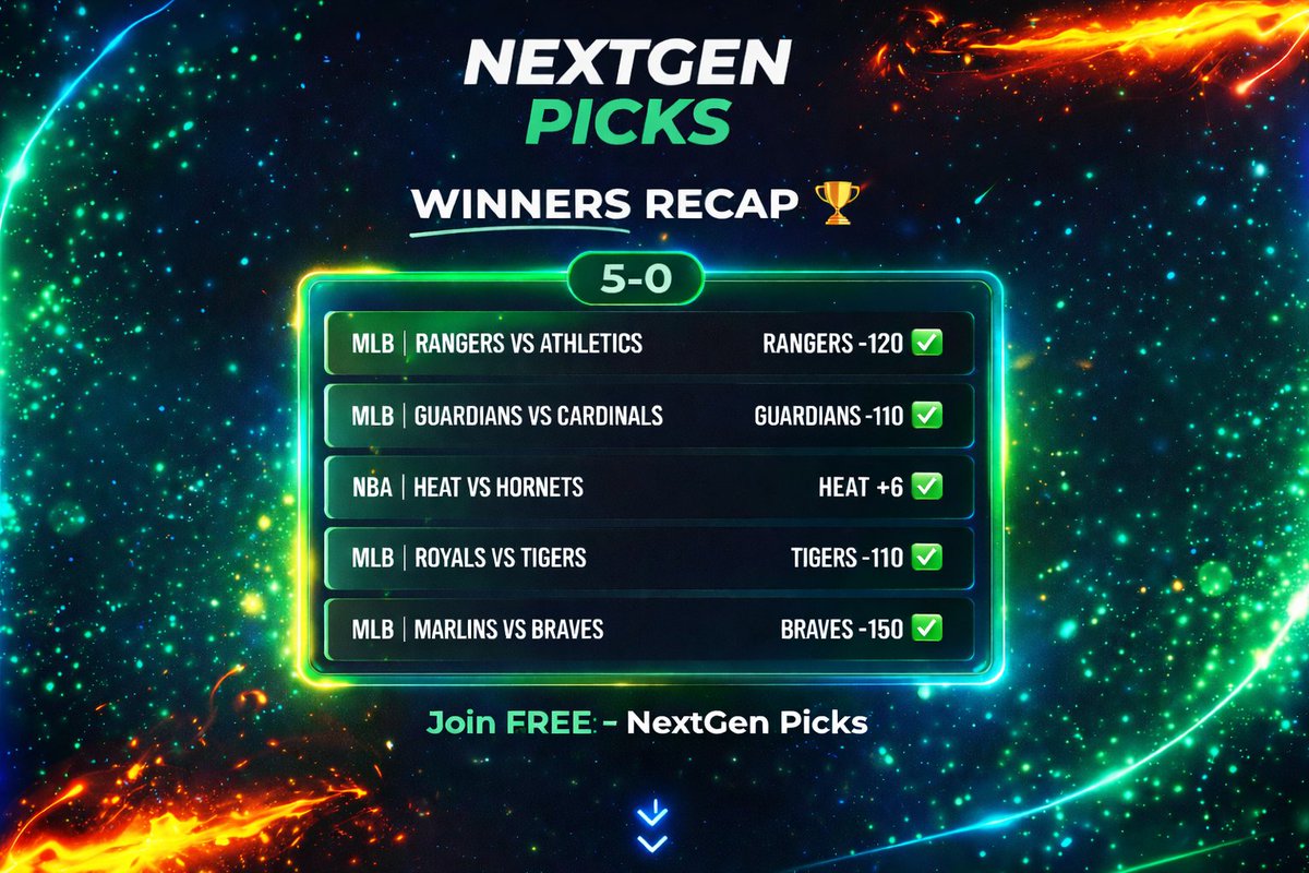 nextgenpicksvip's tweet photo. 5-0 recap. No luck, just discipline.

We don’t flood you with plays
We give you the ones that matter
NextGenPicks is built different.

@ToddFuhrman
@darrenrovell 
@DanGambleAI 
@allpicksarefree 
@htfttipster1 
@LiftsBeach 
@SportsLegend32 

Join FREE → https://t.co/Pq3LH7TpY3 https://t.co/FaQUEaKmF7