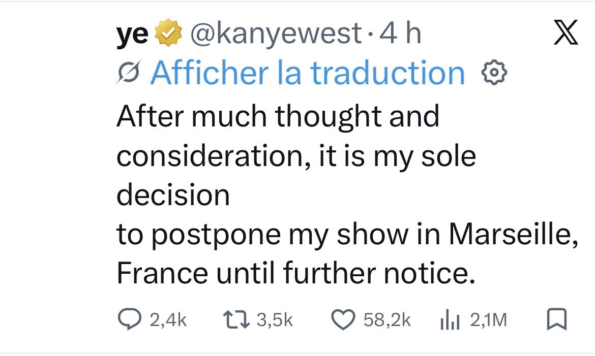 JFGuyot's tweet image. .@KanyeWest a annoncé mardi le report de son concert prévu le 11 juin à #Marseille, dans le sud-est de la France, face à l'opposition des autorités de la ville et du gouvernement qui dénoncent des propos antisémites de sa part #AFP