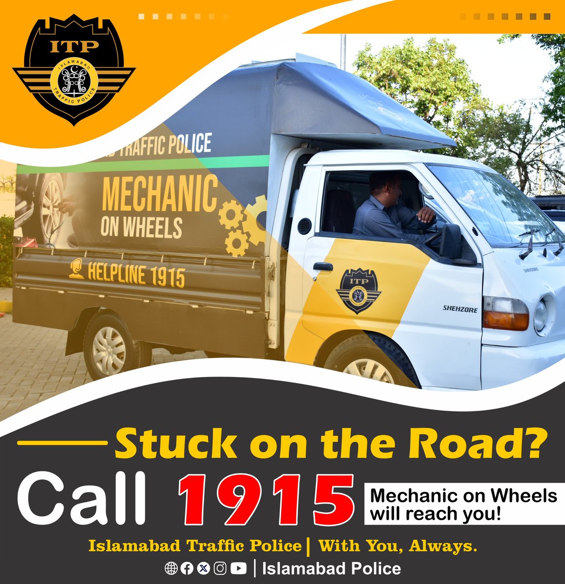 ICT_Police's tweet image. اسلام آباد ٹریفک پولیس کی "مکینک آن ویلز" سروس کے ذریعے سڑکوں پر شہریوں کو مدد فراہم کی جا رہی ہے۔

اگر سڑک پر آپ کی گاڑی خراب ہو جائے تو 1915 پر کال کر کے مکینک آن ویلز کی سروسز حاصل کر سکتے ہیں۔

#WeRIslamabadPolice #ITP #Awareness