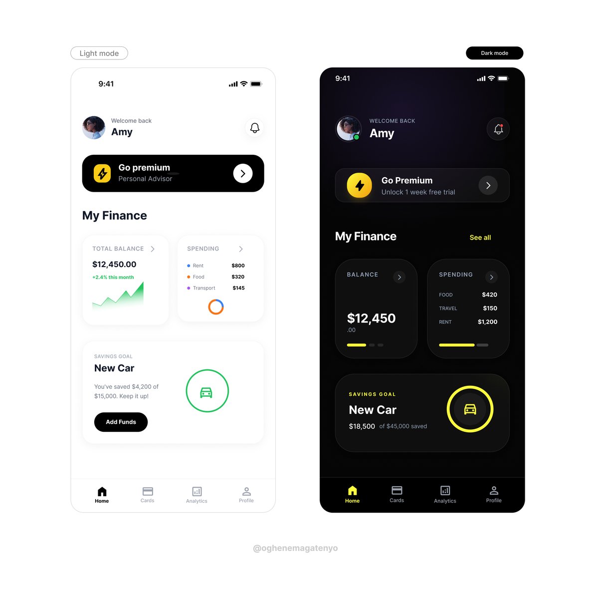 OghenemagaTenyo's tweet image. I've been sitting on this one for too long 😅

Finally posting my work — a finance app UI in light &amp;amp; dark mode. Shoutout to @abdul_uxui  and @ejemasdesign  for not letting me keep hiding in my drafts 🙏

What do you think?

#UIDesign #MobileDesign #Figma #ProductDesign #FinTech