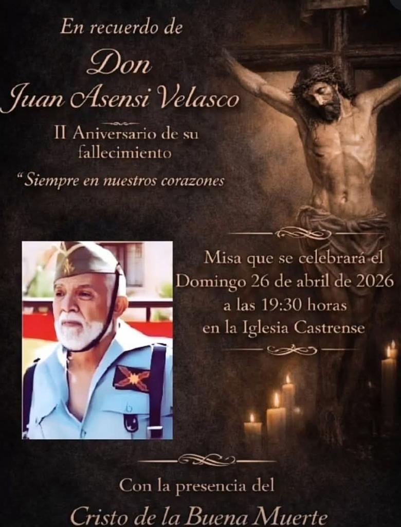 PlataformaMill1's tweet photo. El próximo domingo, 26 de Abril a las 19.30 horas, por el 2º aniversario del fallecimiento del Comandante D. Juan Asensi Velasco se celebrará una misa #InMemorian en la Iglesia Castrense de la Ciudad autónoma de #Melilla.
"Solo mueren los olvidados".
(Vía Mari Ángeles Asensi) https://t.co/OtQAK6zT85