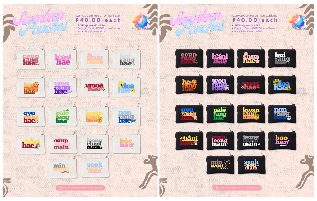 paintnfootprint's tweet photo. WTS LFB: PH WW
BATCH 2 Seventeen Inspired Canvas Coin Purse

Size: approx 4x5 inches 
Material: Canvas with inner lining. 
Available in Black/White

Php 40.00/ea
(open for bulk price)

⏰Accepting Orders until 05/05

📝Order form:
https://t.co/7L8uGzYMRw

HELP RT
t. wts lfb seventeen svt scoups jeonghan joshua jun hoshi wonwoo woozi dk mingyu the8 seungkwan vernon dino tote bag custom canvas coin purse freebie freebies anikanik