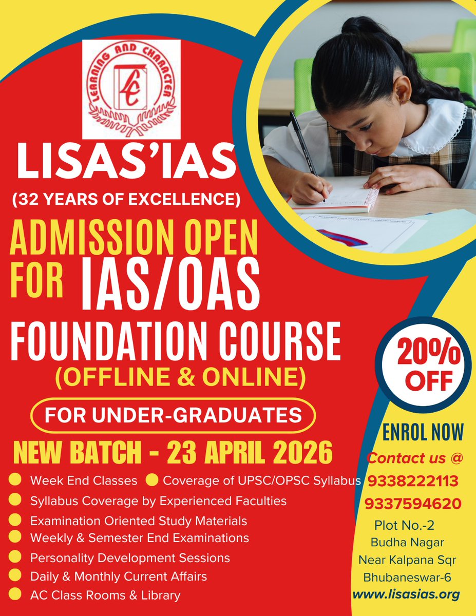 lisascivils's tweet image. ADMISSION OPEN FOR IAS/OAS FOUNDATION COURSE FOR UNDER-GRADUATES  NEW BATCH - 23 APRIL 2026 #LISAS'IAS