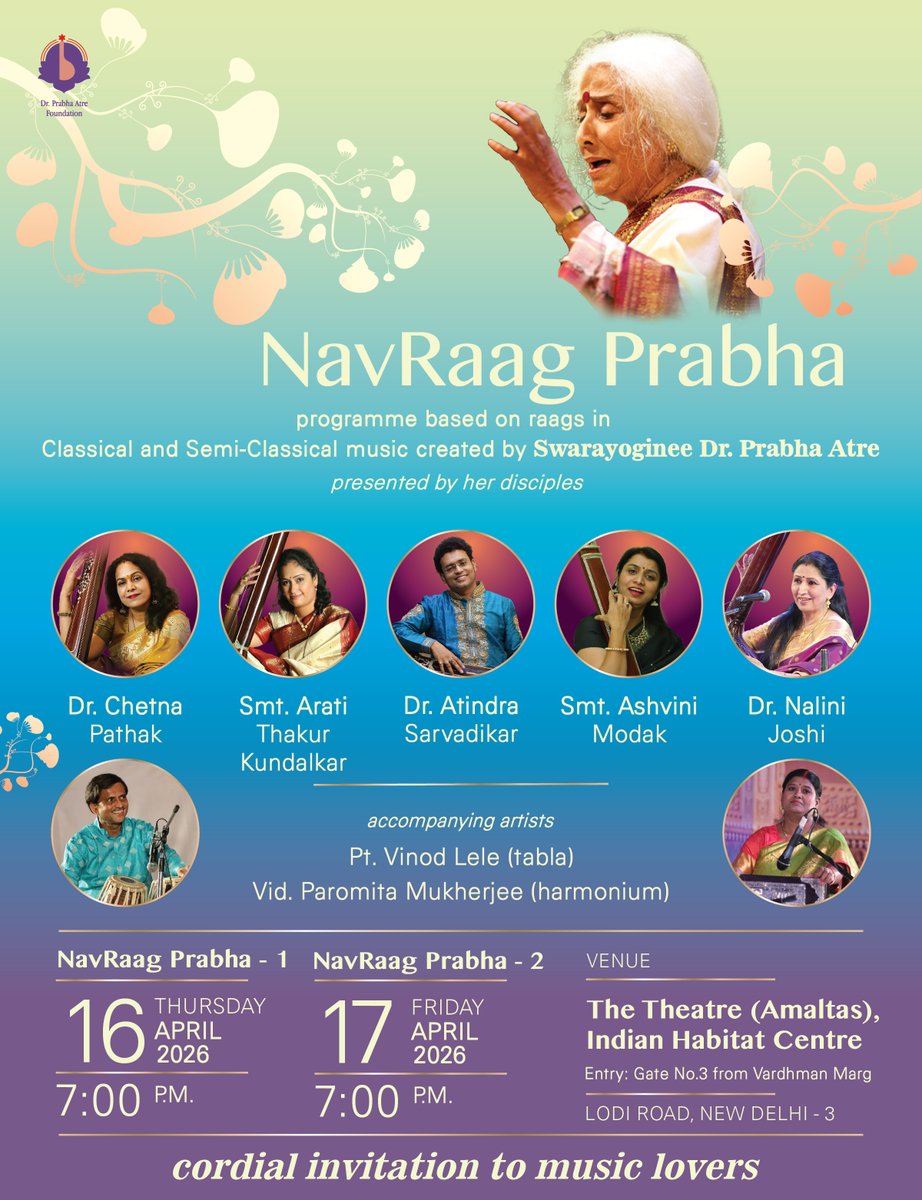 Welcome... admirers of Dr. Prabha Atre &amp; classical music... 
Music lovers - artists, academicians, students...
 *''NavRaag Prabha''**'programme featuring Classical &amp; Semi-Classical raagas created by Dr. Prabha Atre'*
16-17 April, IHC, New Delhi @ 7-00 p.m.