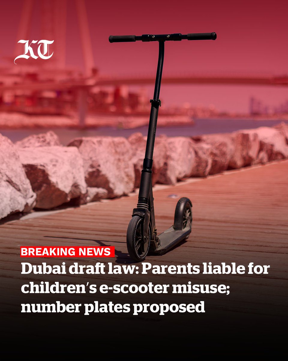 khaleejtimes's tweet image. #BreakingNews Dubai draft law: Parents liable for children’s e-scooter misuse; number plates proposedhttps://www.khaleejtimes.com/uae/dubai-e-scooter-draft-law-registration-parents-liable-minor-misuse