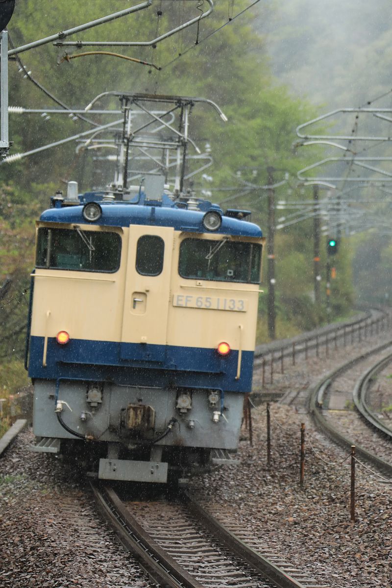 taka10d's tweet photo. 雨のなかEF65-1133号機が下り、EF65-1124号機が上りました。
すれ違い（並び）撮影は今日も失敗しました(^^;) https://t.co/xvIiMHEo5f