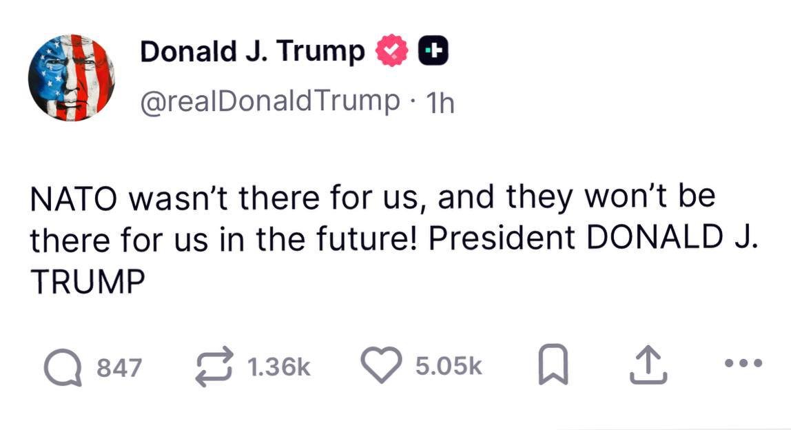 Trump tuyên bố rằng NATO không giúp Mỹ trước đây và sẽ không giúp Mỹ trong tương lai.

"NATO không sẵn sàng giúp chúng ta (lúc đó) và họ sẽ không sẵn sàng giúp chúng ta trong tương lai!" - ông viết trên mạng xã hội Truth Social.

Trump đã tuyên bố vào ngày 1 tháng 4