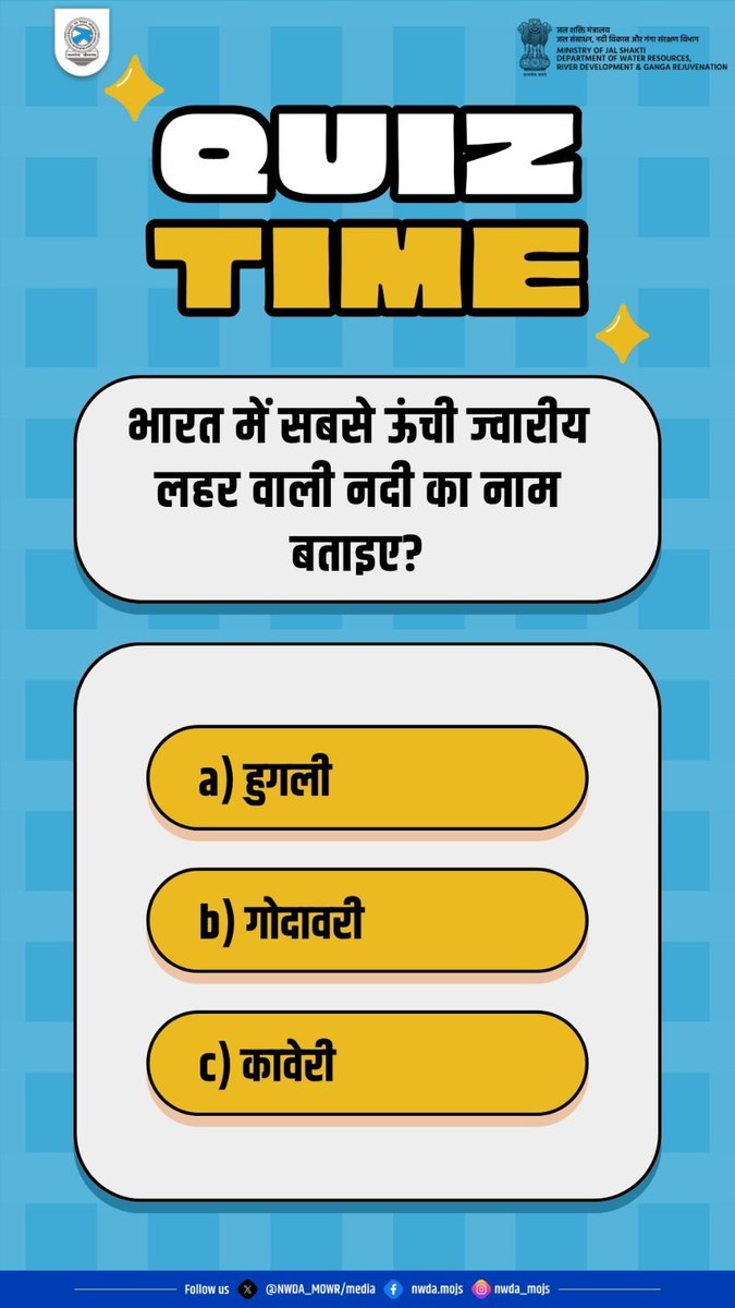NWDA_MOWR's tweet image. Quiz में लीजिए भाग और बताएँ की भारत में सबसे ऊंची ज्वारीय लहर वाली नदी का नाम बताइए?

#Quiz #Quiztime #Incredibleindia #Riversofindia