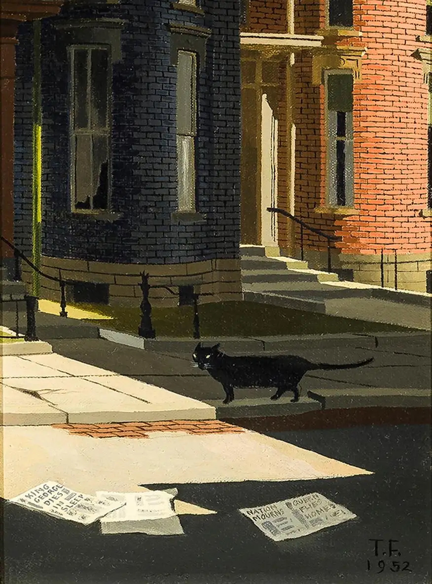 LRonLacy's tweet photo. ‘Street Scene: "King George Dies"’
Thomas Adrian Fransioli (1906-1997). Oil on canvas. 20.96 x 15.88 cm. 1952.
#ThomasFrancioli #AmericanArt #Precisionism #MagicalRealism #GeorgeVI https://t.co/We8vWXFOdL