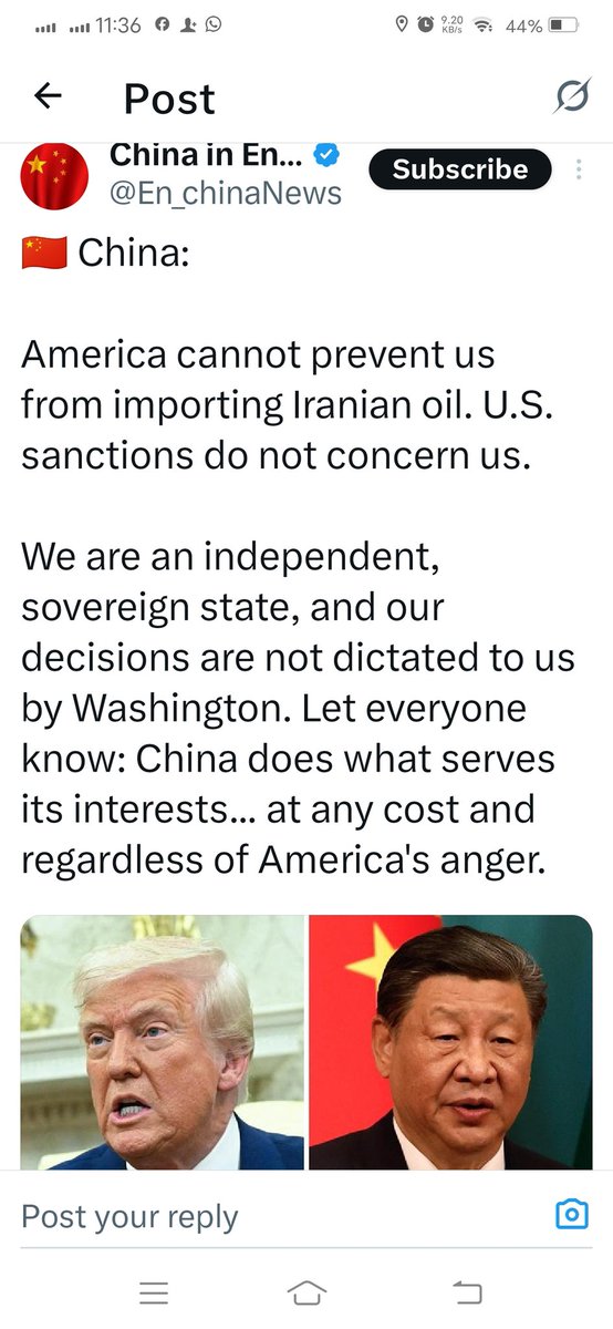 بڑی خبر
چین اب ایران سے تیل خریدنے کے قابل نہیں رہے گا.
امریکی وزیر خزانہ
چین ایک آزاد خودمختار ریاست ہے، چین اپنے فیصلے خود کرتا ہے جو اس کے قومی مفاد میں ہوتے ہیں، کوئی ہمارے قومی مفاد کے خلاف ہم پر اپنے فیصلے ٹھونسنے کی ہمت نہیں رکھتا.
امریکی پابندیاں ہمیں ایرانی تیل خریدنے سے