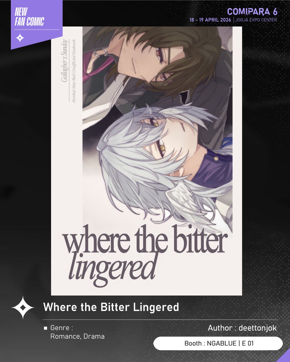 comipara_id's tweet photo. [COMIC RAID]
Author: deettonjok
Booth: E 01  -  NGABLUE

Kali ini ada komik karya Kak deettonjok, berjudul "Where the Bitter Lingered" yang akan dijual di Comipara 6 besok lho!

Sampai ketemu di venue! ✨

Comipara 6
18-19 April 2026
Jogja Expo Center

#comicraid6 https://t.co/tLes2Pg9mm