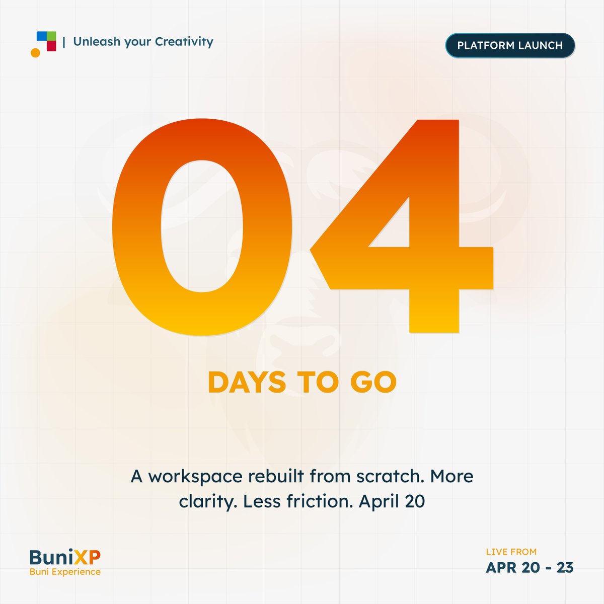 4 days.

A workspace rebuilt from scratch.
We asked ourselves: what gets in the way?

Then we removed every single answer to that question.

More clarity. Less friction. April 20.

buniflow.com

#BuniXP #4DaysToGo #EnterBuniWorld #BuniflowV12 #AfricanBuilders #NoCode