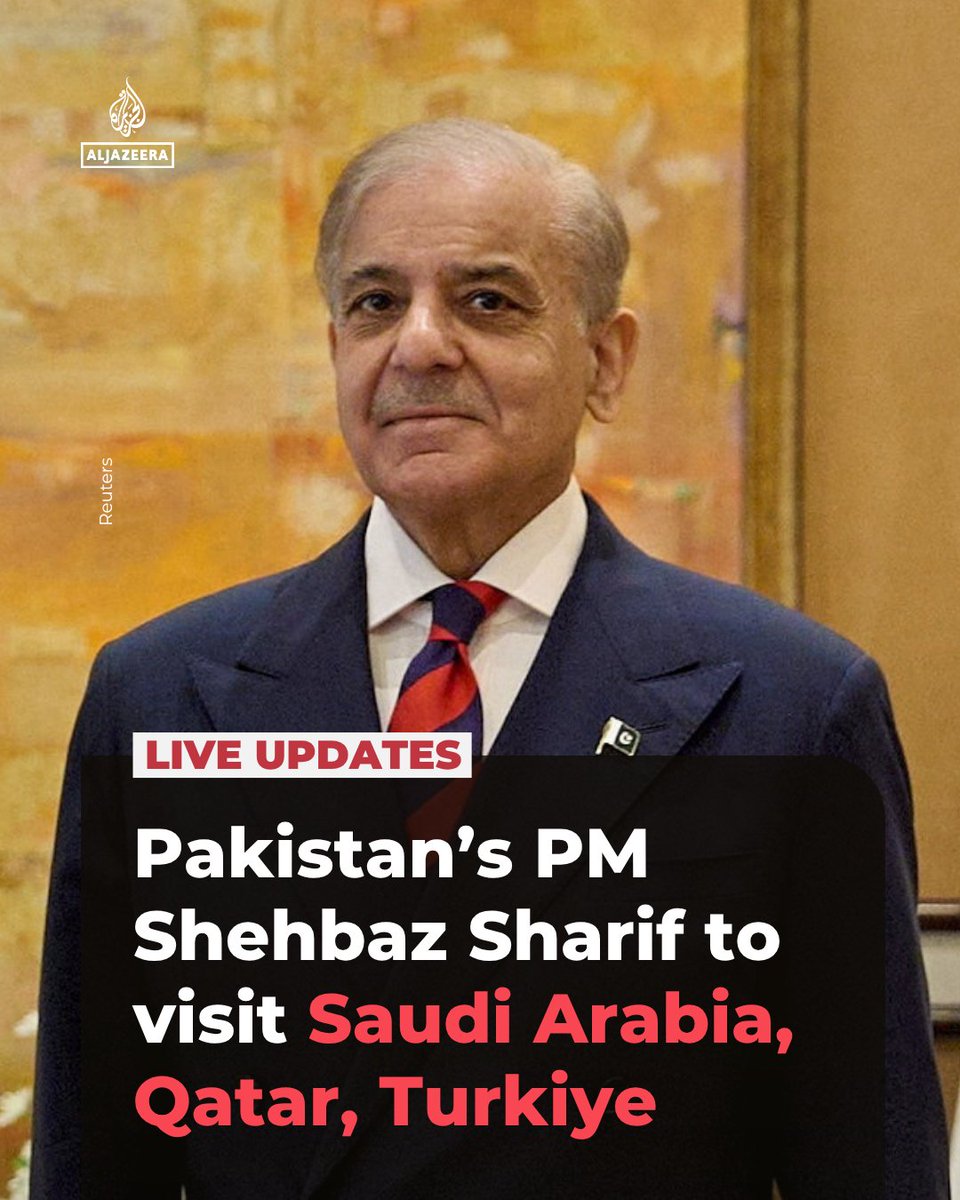 AJEnglish's tweet photo. Pakistan’s Prime Minister Shehbaz Sharif is set to begin a four-day trip to Saudi Arabia, Qatar and Turkiye ahead of a possible second round of US-Iran peace talks.

🔴 LIVE updates: https://t.co/4hTCp4l3F7 https://t.co/7YWh0obat8