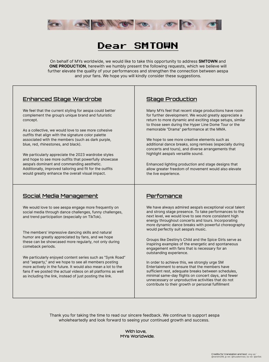 imnotbloomy's tweet image. ถึงค่าย SMTOWN และ ONE PRODUCTION 
เสนอแนะและเรียกร้องให้พัฒนาคุณภาพการดูแล aespa

1.คอสตูมและเสื้อผ้าบนเวที 
2.โปรดักชั่นและการจัดเวที
3.การจัดการโซเชียลมีเดีย
4.การแสดงและการดูแลศิลปิน

#MYswantbettertreatment4aespa
#SMlistentoMYs #aespahearMYsout

@aespa_official @SMTOWNGLOBAL