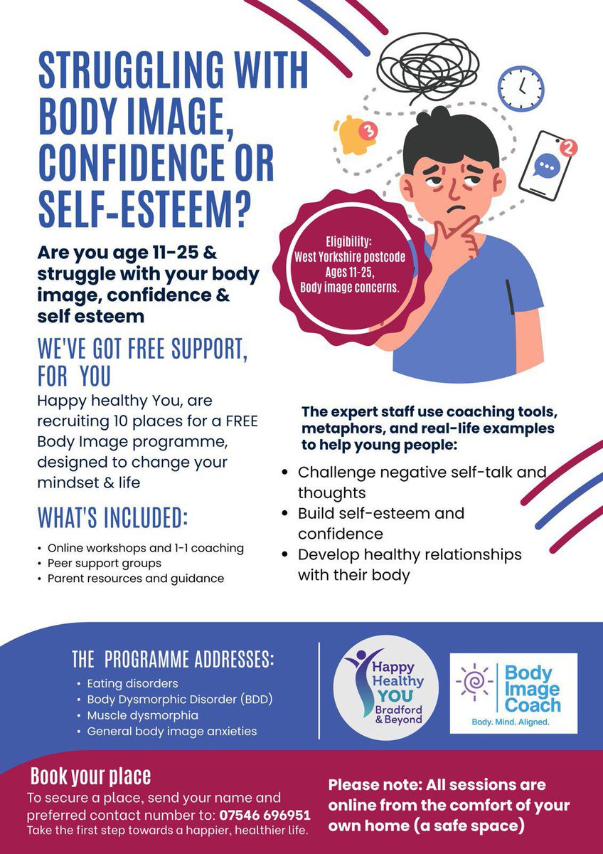 HappyhealthyuBB's tweet image. We’ve teamed up with Body Image Coach to support young people aged 11–25 struggling with confidence or body image 🤍
Free, safe support spaces… just reach out ✨
#Bradford #WestYorkshire #BodyImage #SelfEsteem #MentalHealth #YoungPeople #YouAreNotAlone