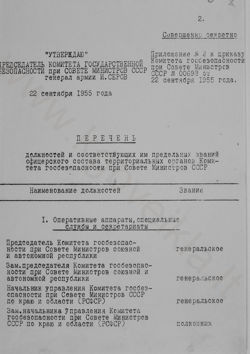 ChekistMonitor's tweet image. If you ever wondered how various #KGB positions translated into military rank, this is the document for you.

The #topsecret order approved by KGB Chairman Ivan Serov in 1955 from the Lithuanian Special Archives.

The link: kgbveikla.lt/dokumentai/1/s…